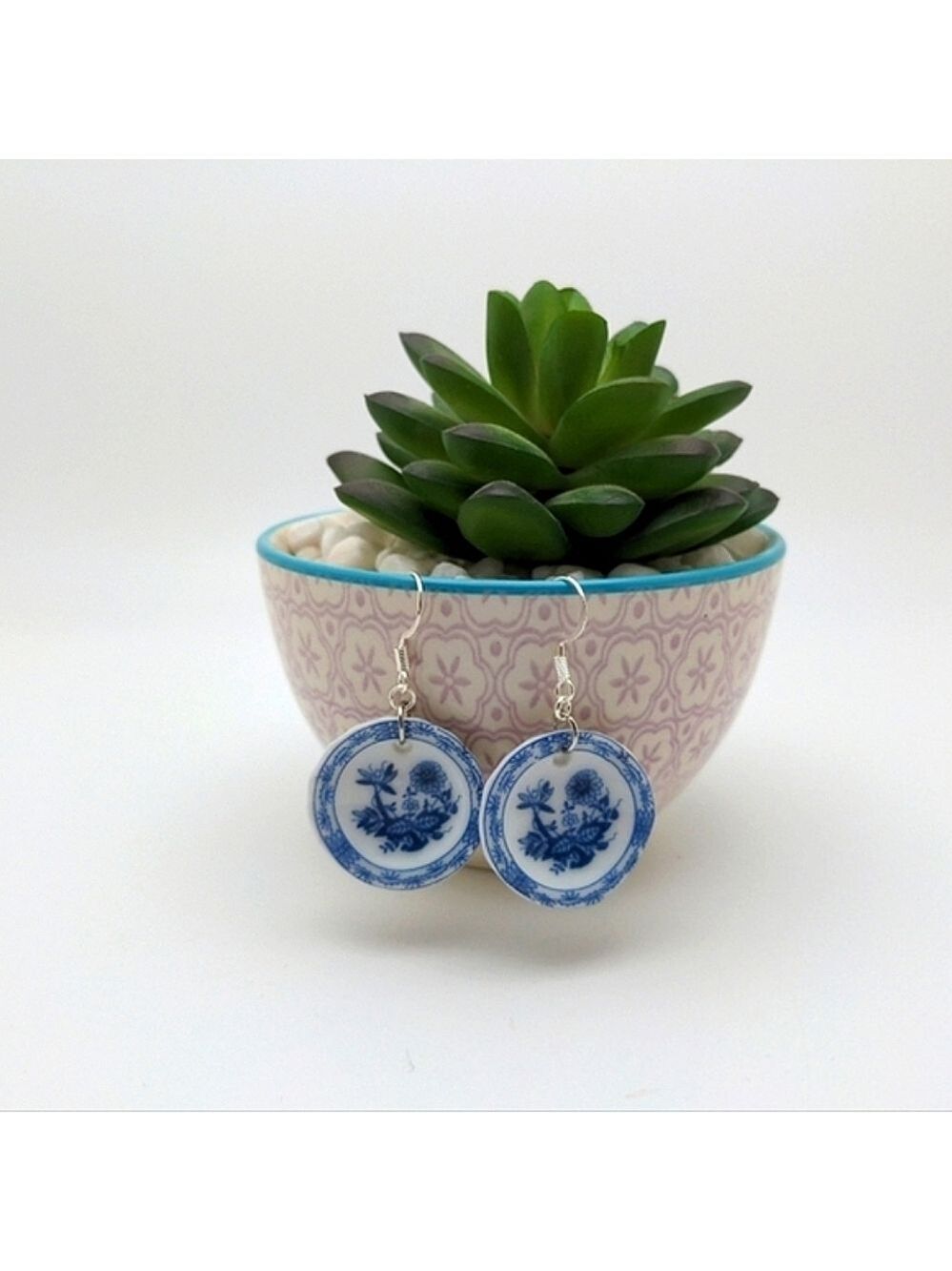 Blue White Floral Delft Ceramic Plate Earrings - Picture 4 of 7